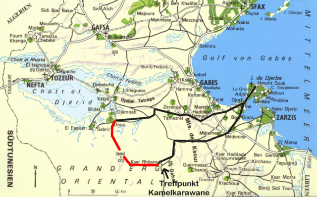 Karte von Tunesien.
 Schwarz  =Gelndewagen, rot=Karavane